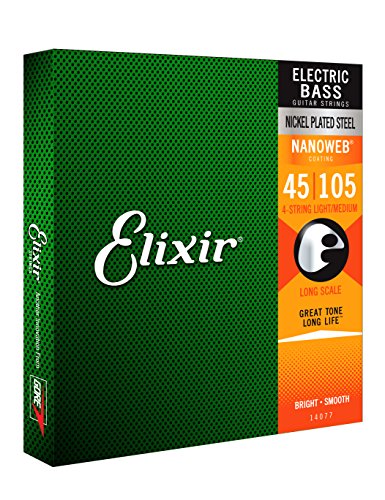 Cuerdas para bajo de 4 cuerdas Elixir® Strings de acero niquelado con recubrimiento NANOWEB®, escala larga, calibre ligero/mediano (.045-.105)