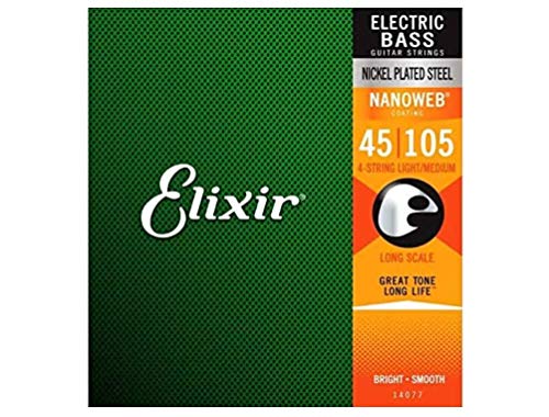 Cuerdas para bajo de 4 cuerdas Elixir® Strings de acero niquelado con recubrimiento NANOWEB®, escala larga, calibre ligero/mediano (.045-.105)