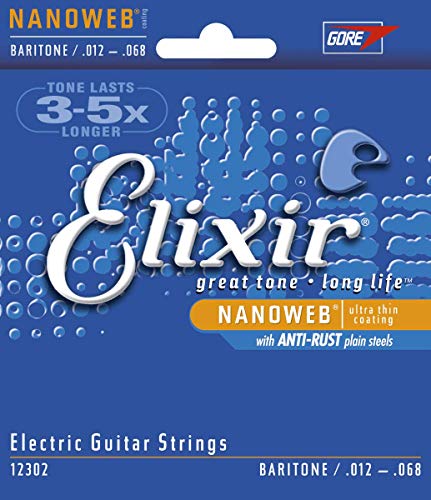 Cuerdas para guitarra eléctrica Elixir Strings con recubrimiento NANOWEB, barítono (.012-.068) Cuerdas para guitarra eléctrica Elixir Strings con recubrimiento NANOWEB, barítono (.012-.068)