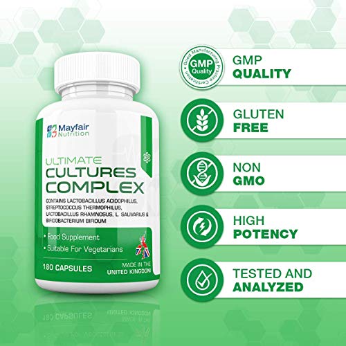 Cultures Complex | 180 Comprimidos | Lactobacilos y acidófilos | Vegetariano | No GMO. Sin gluten | 6 meses | Hecho en el Reino Unido por Mayfair Nutrition