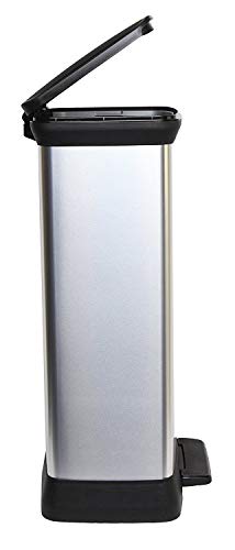 Curver Papelera de plástico efecto metal con pedal Touch Deco con cierre suave, plateado, 50 litros, 39 x 29 x 72 cm