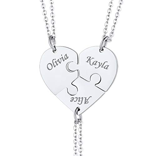 Custom4U Nombres Grabados Láser Gratis Collar Personalizable DIY de Amigos Familias Rompecapezas Regalo Romántico de Amor para Novios Acero Inoxidable Tres Piezas Plateado