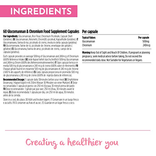 Cute Nutrition Glucomanano y Cromo con Fibra Natural para Quemar Grasa Píldoras de Dieta Seguras Efectivas y Fáciles de Tragar 60 cápsulas