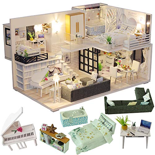 CUTEBEE Miniatura de la casa de muñecas con Muebles, Equipo de casa de muñecas de Madera DIY, más Resistente al Polvo y el Movimiento de música(Happy Time)