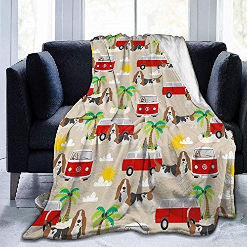 Cy-ril Throw Blanket Basset Hound Dog Summer Bus Palm Trees Manta de Felpa de Terciopelo de Franela Ultra Suave 100 x 130 cm