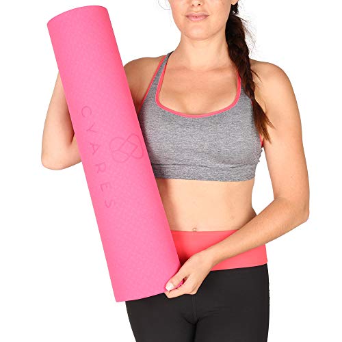 CYARES - Esterilla de Yoga TPE de Doble Capa, Antideslizante y con Línea Corporal - Colchoneta de Yoga, Pilates, Deportes con Correa de Transporte. Medidas 183x61x0,6 centímetros.