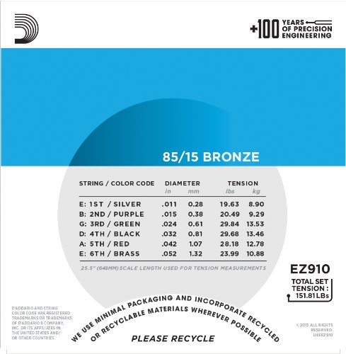 D'Addario EZ910 Juego de cuerdas para guitarra acústica de bronce, 011' - 052' D'Addario EZ910 Juego de cuerdas para guitarra acústica de bronce, 011' - 052'