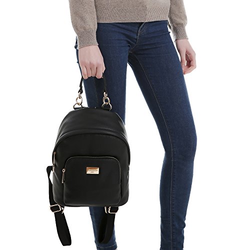 David Jones - Bolso Mochila Mujer Pequeña - Morral Cuero Piel PU Suave - Backpack Daypack Casual Mini Señora Niña - Bolsos de Mano Hombro Viaje Escolar Universidad Colegio Ocio Elegante Moda - Negro