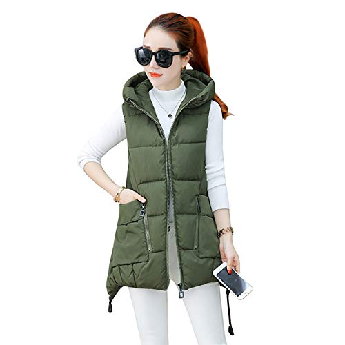 Daytwork Chaquetas Sin Mangas Chalecos Mujeres - Invierno Cálido Acolchado Algodón con Capucha Chaleco al Aire Libre Parka Casual Cómodo Abrigos de Plumas,Verde Militar XS