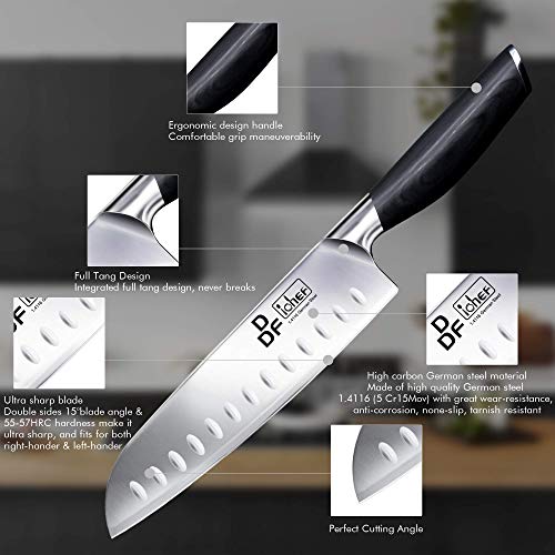 DDF iohEF Cuchillo de Cocina, Cuchillo de Cocinero Santoku Profesional 18cm Acero Inoxidable Alemán Hoja Mango Ergonómico para Vegetales, Frutas, Carne, La Cocinas y Restaurantes Caja de Regalo