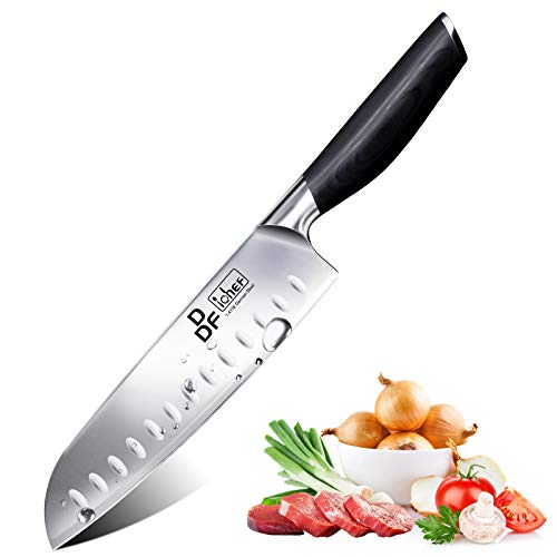 DDF iohEF Cuchillo de Cocina, Cuchillo de Cocinero Santoku Profesional 18cm Acero Inoxidable Alemán Hoja Mango Ergonómico para Vegetales, Frutas, Carne, La Cocinas y Restaurantes Caja de Regalo