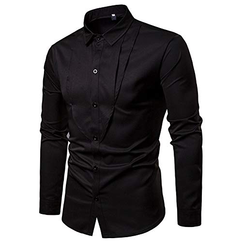 De los Hombres Placket Diseño Triángulo Invertido Color Sólido Ocasional Camisa De Manga Larga Mediante (Color : Black, Size : L)