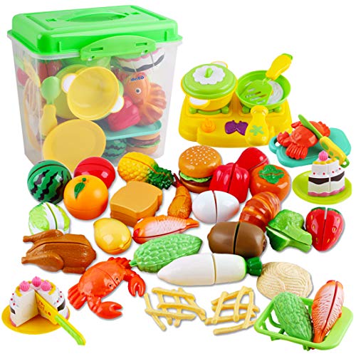 deAO Juego de Comida, Frutas y Verduras para Cortar Conjunto Infantil de Imitación Accesorios de Cocina de Juguete Actividad Educativa 42 Piezas y Caja de Almacenaje