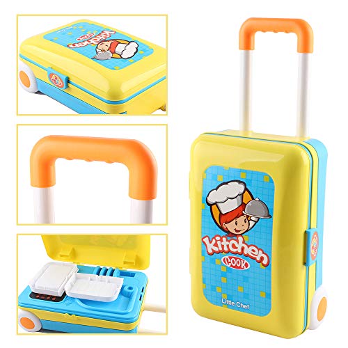 deAO Pequeño Chef Set de Cocinita Plegable en Maleta Convertible Maletín de Juegos con Accesorios, Luces, Sonidos (Azul) , color/modelo surtido