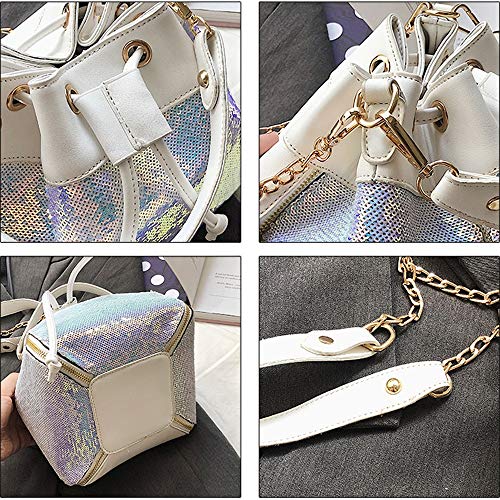 DEAR-JY Bolso Bandolera, Bolso de Las Mujeres de Moda Chica con Lentejuelas Cubo Bolsos Moda Bling Lentejuelas Bolso Bandolera Cadena Femenina Bolso con cordón Bolsos de Las Mujeres,White