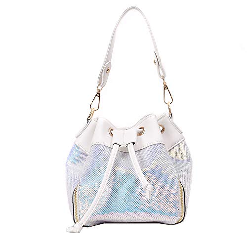 DEAR-JY Bolso Bandolera, Bolso de Las Mujeres de Moda Chica con Lentejuelas Cubo Bolsos Moda Bling Lentejuelas Bolso Bandolera Cadena Femenina Bolso con cordón Bolsos de Las Mujeres,White