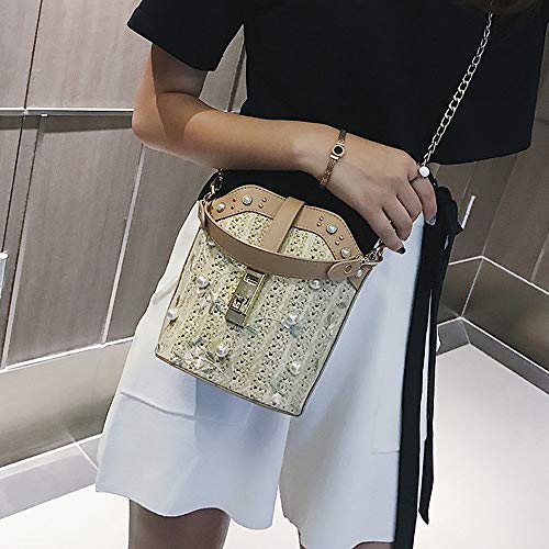 DEAR-JY Bolso Tejido a Mano, Bolso Simple del Cubo de la Bolsa de Messenger de la Perla del Bolso del Hombro de Las Mujeres Simples, Moda del poliéster,C