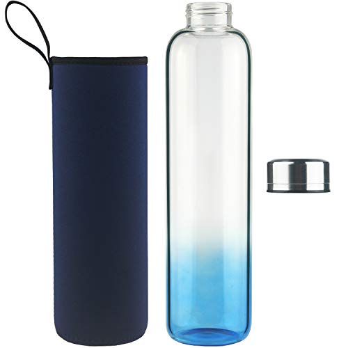 DEARRAY Botella de Agua de Cristal de Borosilicato Deportivo 1000ml / 1 Litro, Botella de Agua de Vidrio con Funda de Neopreno y Elegante Tapa de Acero Inoxidable