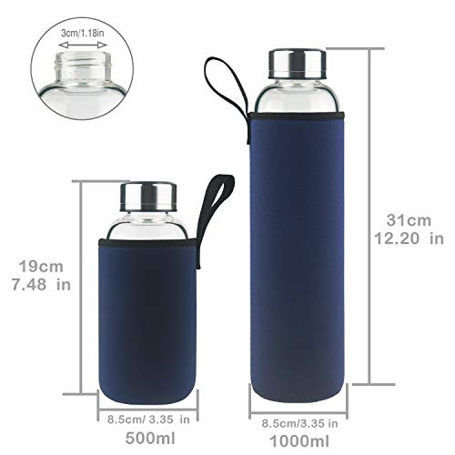 DEARRAY Botella de Agua de Cristal de Borosilicato Deportivo 1000ml / 1 Litro, Botella de Agua de Vidrio con Funda de Neopreno y Elegante Tapa de Acero Inoxidable