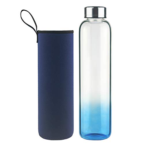 DEARRAY Botella de Agua de Cristal de Borosilicato Deportivo 1000ml / 1 Litro, Botella de Agua de Vidrio con Funda de Neopreno y Elegante Tapa de Acero Inoxidable