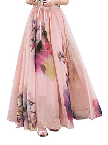 DEBAIJIA Falda Larga Mujer Maxi Bohemia Playa Vacaciones Gasa con Estampado Floral Talla Grande Cintura Elástica Rosa Claro 46- L