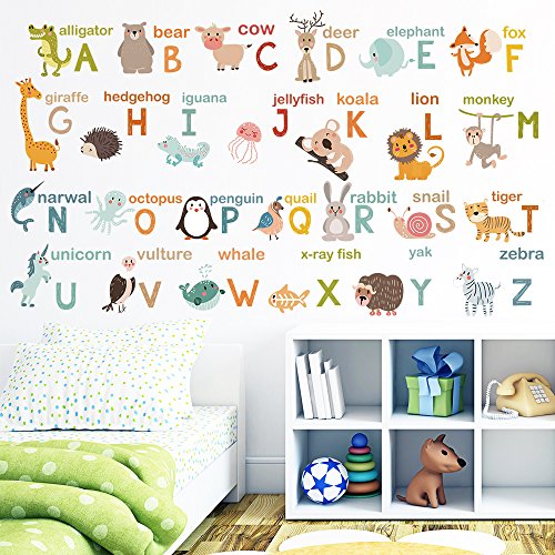 decalmile Alfabeto Adhesivo Decorativo Animales Pegatinas Pared Aula Habitación de Niños para Pared Vinilos Desmontable Niños Bebés Dormitorios Cuarto de Jugar Decoración