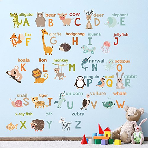 decalmile Alfabeto Adhesivo Decorativo Animales Pegatinas Pared Aula Habitación de Niños para Pared Vinilos Desmontable Niños Bebés Dormitorios Cuarto de Jugar Decoración