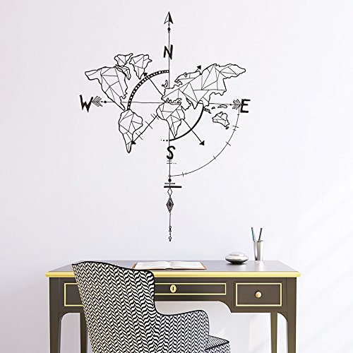 decalmile Negro Mapa del Mundo Pegatinas de Pared Brújula Náutica Vinilo Decorativos Adhesivos Desmontable Mural Oficina Dormitorio Salón Decoración