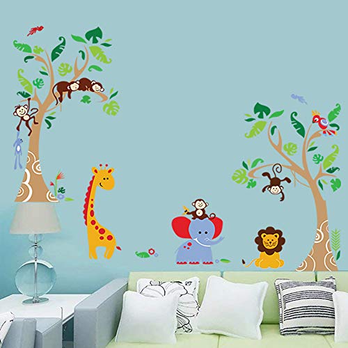 decalmile Pegatinas de Pared Árbol Animales de la Jungla Vinilos Decorativos Infantiles Mono Jirafa Elefante Adhesivos Pared Habitación Bebés Niños Guardería Dormitorio Salón