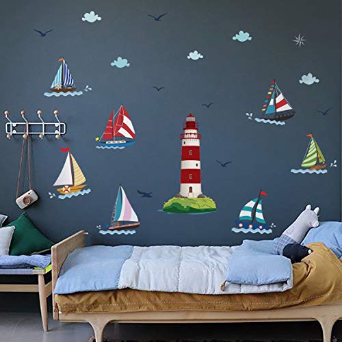 decalmile Pegatinas de Pared Faro Náutico Velero Vinilos Decorativos Náutico Infantiles Adhesivos Pared Habitación Niños Bebés Dormitorio Salón