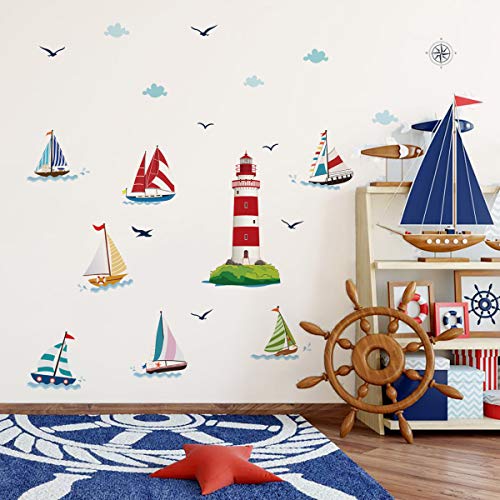 decalmile Pegatinas de Pared Faro Náutico Velero Vinilos Decorativos Náutico Infantiles Adhesivos Pared Habitación Niños Bebés Dormitorio Salón