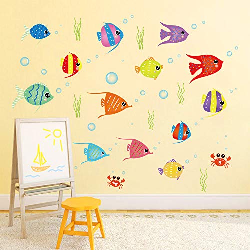 decalmile Pegatinas de Pared Peces de Colores Vinilos Decorativos Mundo Submarino Oceano Infantiles Bebés Niños Habitación Baño Adhesivos Pared