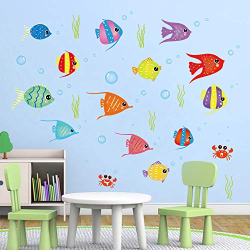 decalmile Pegatinas de Pared Peces de Colores Vinilos Decorativos Mundo Submarino Oceano Infantiles Bebés Niños Habitación Baño Adhesivos Pared