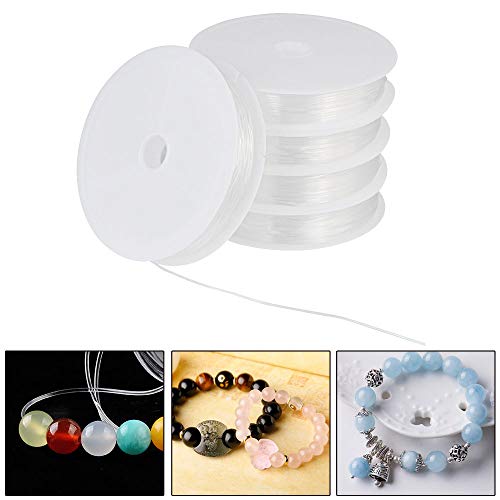 DECARETA 5 PCS Hilo Elástico de Poliéster Transparente,Hilo Elástico Pulseras,Elástico Rebordear Hilo para Hacer Adornos con Abalorio como Pulseras y Otras DIY Manualidades-0.88mm*8m