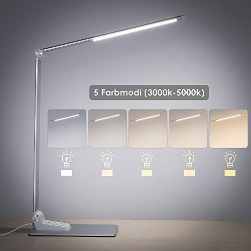 Deckey Lámpara de Escritorio Metal LED 12W Lámpara de Mesa de Oficina 5 Colores y 6 Niveles de Brillo Función de Memoria Regulable Puerto USB,Protección para los ojos Operación del Panel Táctil