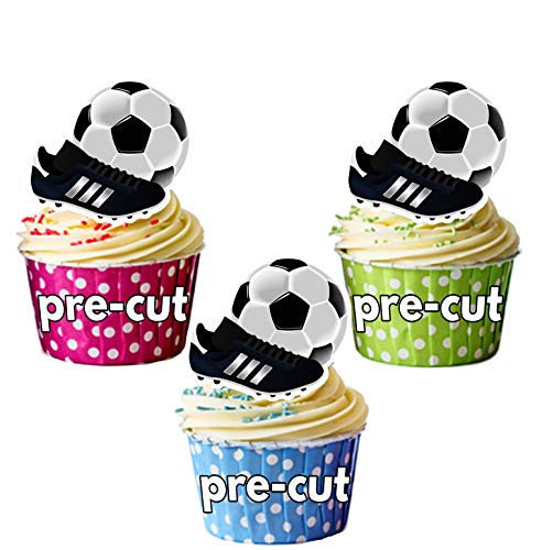 Decoraciones comestibles para magdalenas, diseño de fútbol y botas, 12 unidades Decoraciones comestibles para magdalenas, diseño de fútbol y botas, 12 unidades