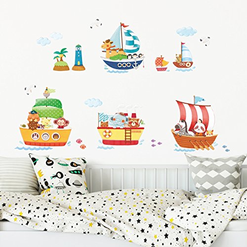 DECOWALL DA-1506A Barcos de Animales Vinilo Pegatinas Decorativas Adhesiva Pared Dormitorio Saln Guardera Habitaci Infantiles Nios Bebs