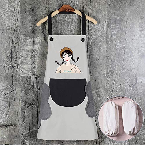 Delantal impermeable y a prueba de aceite, cocina casera, lindo delantal coreano japonés, delantal de trabajo de estilo nórdico a la moda para hombres y mujeres-Niña gris + bolsillo negro + mangas Delantal impermeable y a prueba de aceite, cocina casera, lindo delantal coreano japonés, delantal de trabajo de estilo nórdico a la moda para hombres y mujeres-Niña gris + bolsillo negro + mangas