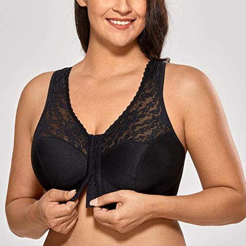 DELIMIRA - Sujetador Sin Aros en Encaje y Tela Suave Cierre Delantero para Mujer Negro 125F DELIMIRA - Sujetador Sin Aros en Encaje y Tela Suave Cierre Delantero para Mujer Negro 125F