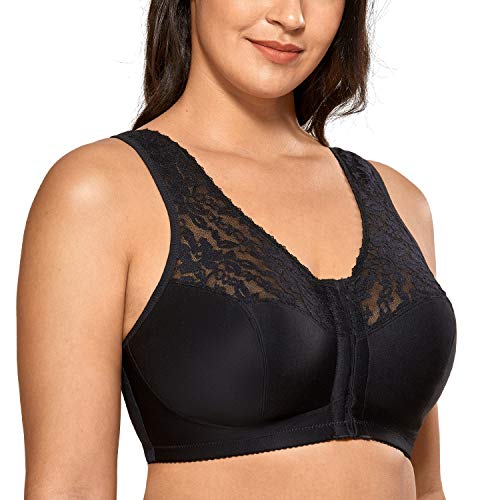 DELIMIRA - Sujetador Sin Aros en Encaje y Tela Suave Cierre Delantero para Mujer Negro 125F DELIMIRA - Sujetador Sin Aros en Encaje y Tela Suave Cierre Delantero para Mujer Negro 125F
