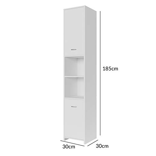 Deuba Armario de baño Blanco y Alto Mueble de alamacenamiento con 2 Puertas 2 estantes 185x30x30 cm almacenaje Toallas