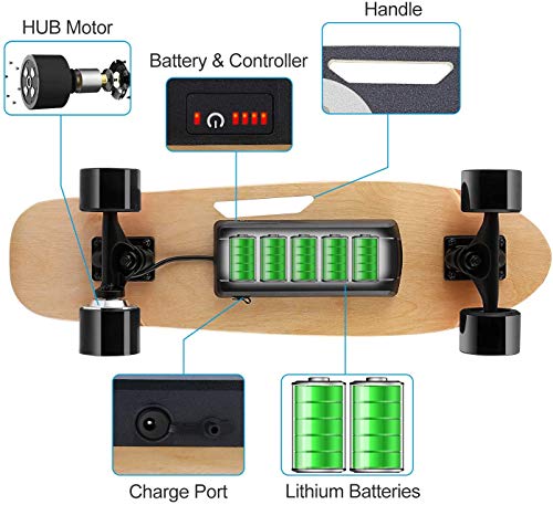 Devo Skateboard Eléctrico, Longboard Eléctrico a Control Remoto para Adultos/Jóvenes, 70cm Skateboard de Velocidad Máxima de 20 KM/H, Motor 350 W, Monopatín de Crucero Completo (Negro)