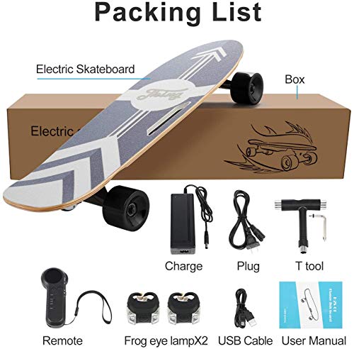 Devo Skateboard Eléctrico, Longboard Eléctrico a Control Remoto para Adultos/Jóvenes, 70cm Skateboard de Velocidad Máxima de 20 KM/H, Motor 350 W, Monopatín de Crucero Completo (Negro)