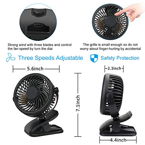 DIAOCARE Ventilador USB,Portátil Mini Ventilador USB Silencioso,3 Velocidades,Recargable 360 Grados de Rotación Ventilador con Clip,Ventilador de Mesa para Cochecito de Bebé/Coche/Viajes/Oficina/Hogar