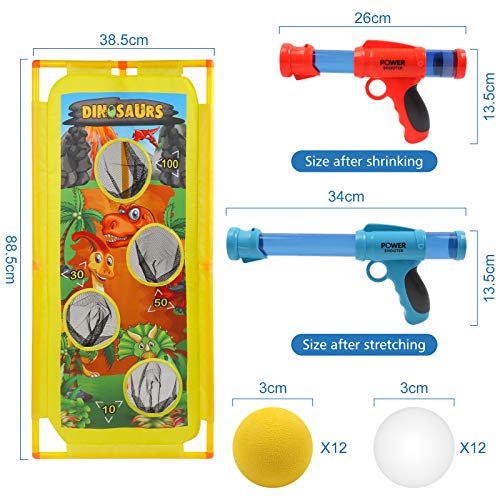 DigHealth 2 Piezas Lanzador Pelotas Espuma y Objetivo de Tiro Dinosaurio, Pistola Juguete con Bolas de Espuma y Bolas Luminosas, Pistola Blaster para Niños de 3-10 Años Regalos de Cumpleaños