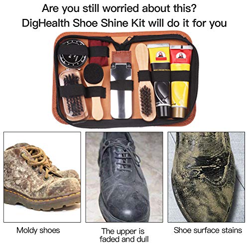 DigHealth 8 Piezas Kit de Cuidado de Zapatos, Kit de Zapatos Limpieza con Betún para Zapatos, Crema Negro y Incolora de Zapatos, Cepillo, Cepillo de Esponja, Calzador y Paño de Pulido en Estuche Viaje