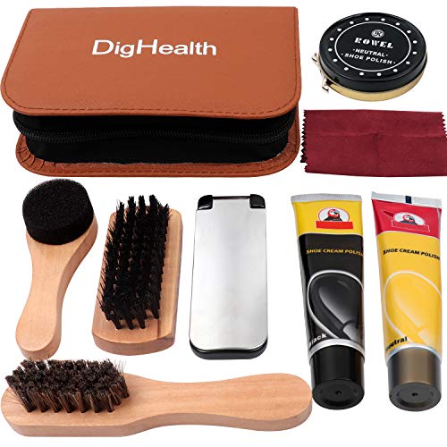 DigHealth 8 Piezas Kit de Cuidado de Zapatos, Kit de Zapatos Limpieza con Betún para Zapatos, Crema Negro y Incolora de Zapatos, Cepillo, Cepillo de Esponja, Calzador y Paño de Pulido en Estuche Viaje