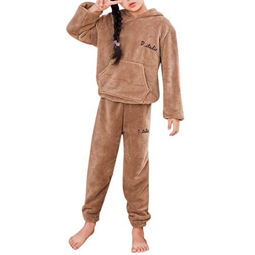 Dihope - Conjunto de pijama de forro polar para niño, sudadera con capucha y pantalón de franela, ropa de noche, cálida, gruesa, ropa de interior, otoño e invierno marrón 150