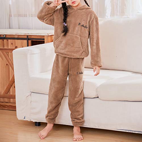 Dihope - Conjunto de pijama de forro polar para niño, sudadera con capucha y pantalón de franela, ropa de noche, cálida, gruesa, ropa de interior, otoño e invierno marrón 150