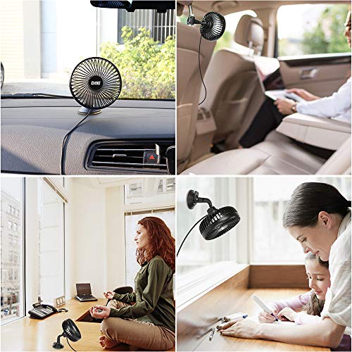 DIKI Ventilador de Coche Ventilador USB Ventilador de Mesa con Cable USB, Ventosa Ajustable y Soporte para el Asiento Trasero, Dos métodos de instalación, Negro (vehículo/Interior/Oficina)